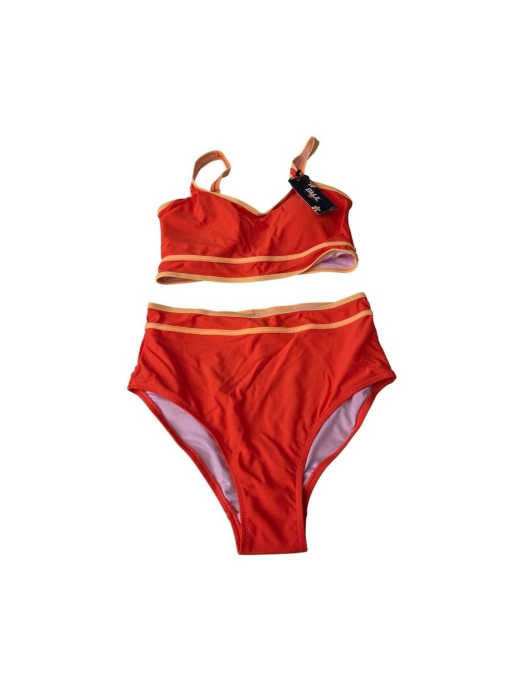 High-Waist Orange Bikini Set with Contrast Trim